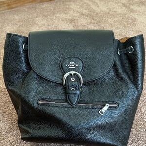 Coach Black Pebbled Leather Drawstring Backpack with Buckle